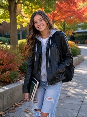 Girls Black Faux Leather Moto Jacket. Removable Gray Hood | Zip Up Biker Jacket